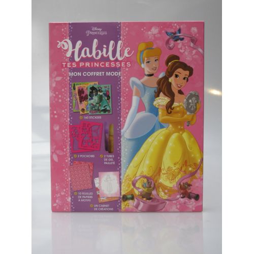 Habille tes princesses mon coffret mode. Disney princesses, 160 stickers, 2 pochoirs, 2 tubes de gel pailleté, 10 feuilles de pa