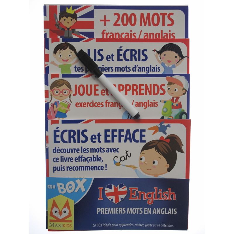 Ma box mes premiers mots en anglais. Ecris et efface et découvre les mots avec celivre effaçable, puis recommence!
