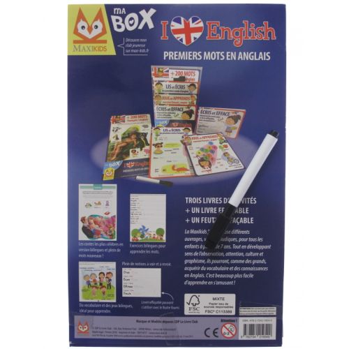 Ma box mes premiers mots en anglais. Ecris et efface et découvre les mots avec celivre effaçable, puis recommence!